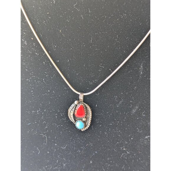 Navajo Sterling Silver Turquoise & Coral Native American Pendant 5.9g Signed PM - Picture 5 of 8